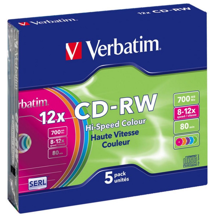 Диск CD-RW Verbatim (700 MB, 8-12 x, Slimcase, 5 шт, Color) [ 43167 ]