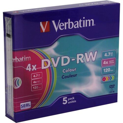 Диск DVD-RW Verbatim (4.7 GB, 4 x, Slimcase, 5 шт, разноцветные боксы) [ 43563 ]