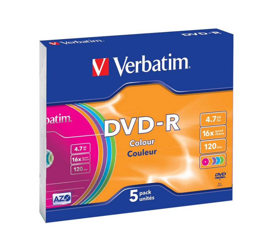 Диск DVD-R Verbatim (4.7 GB, 16 x, Slimcase, 5 шт, Color (разноцветные боксы)) [ 43557 ]