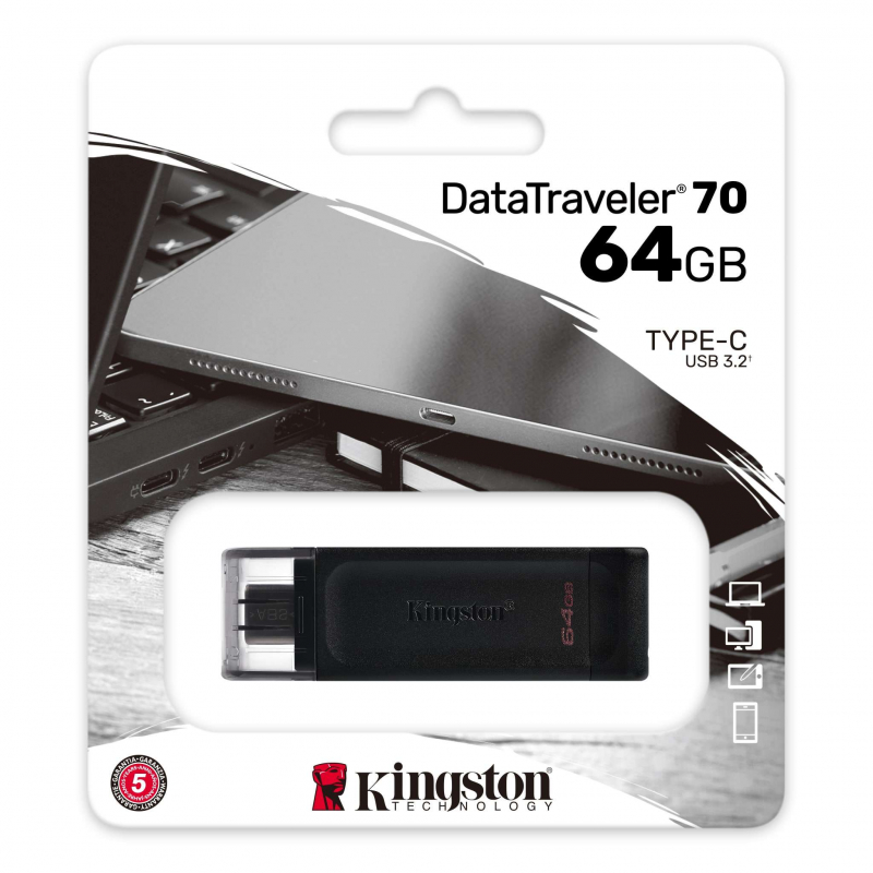 Флэш-накопитель 64 GB Kingston DataTraveler 70 (черный, пластик, 59x18.5x9 мм, колпачек, USB 3.0 Type-C) [ DT70/64GB ]